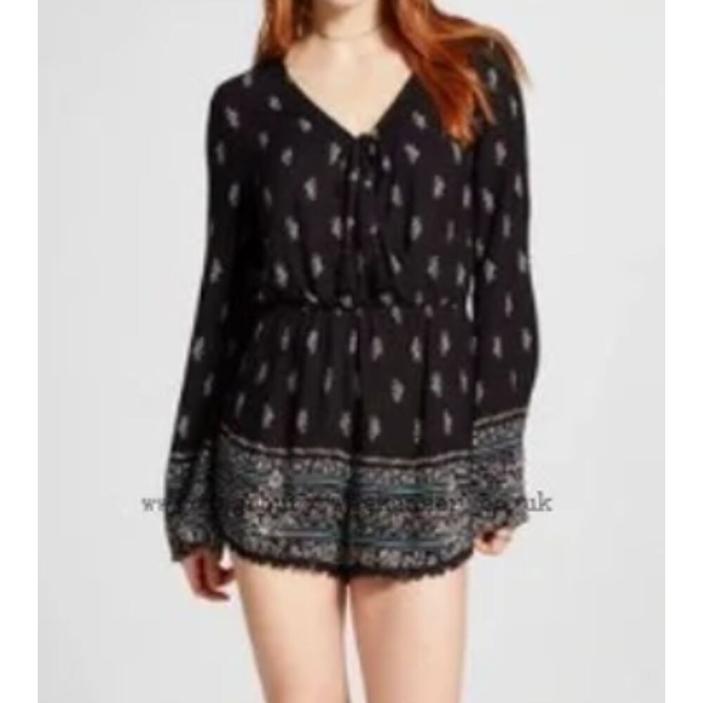 Exhilaration Black Print Boho Romper - Size Large